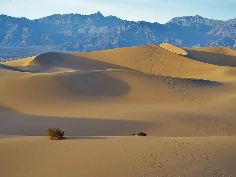 Zandduinen in Death Valley met bergen op de achtergrond