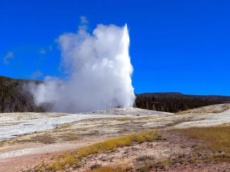 De geiser Old Faithful spuit een hoge stoomkolom