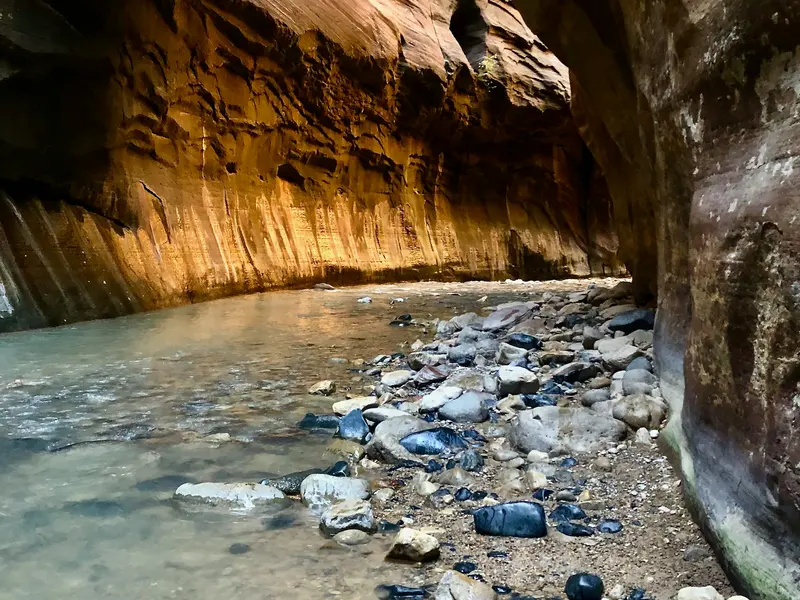 De rivier tussen de steile wanden van The Narrows in Zion